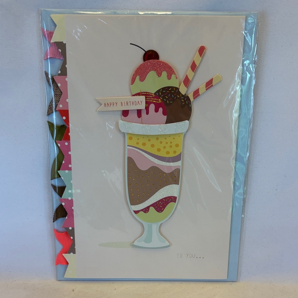 NWT BURGOYNE Ice Cream Sundae Birthday Card - Pastel Multi-5X7